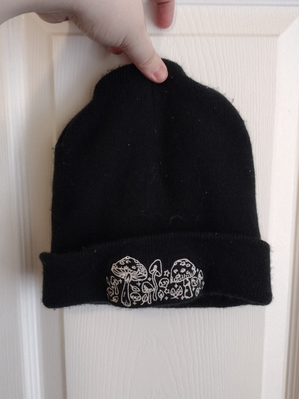 Mushroom Embroidered Black Beanie